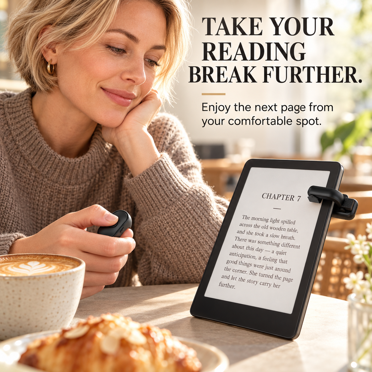 Woman reading with the page turner in a cafe