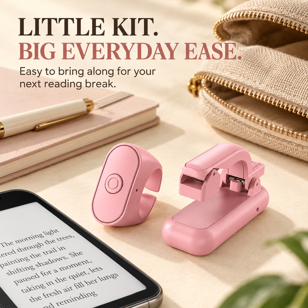 Pink ring remote and clip beside a travel pouch