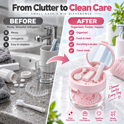 ✨ Travel Care Deal – Retainer Cleaning Case 🦷 Soak, Store & Rinse Container with Mirror & Brush for On-the-Go Use 💼
