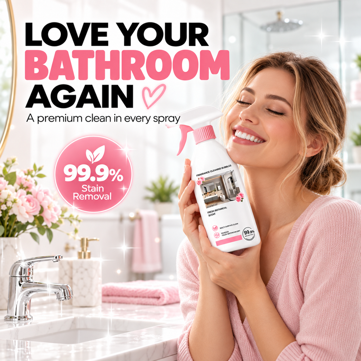 Buy 2 bottle get 2 free Tired of Stubborn Bathroom Grime? Rose Scent Bathroom Foam Cleaner Spray,Multi-purpose Bathroom Cleaner for Tub & Sink