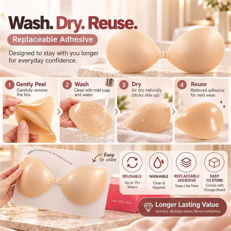 🔥🔥Sticky Bra – VIRAL No.1  🔥🔥 Push-up Sticky Bra, Waterproof & Sweat-proof Invisible Bra, Reusable Silicone Adhesive Bra for Women, Includes Storage Board & Replaceable Pads