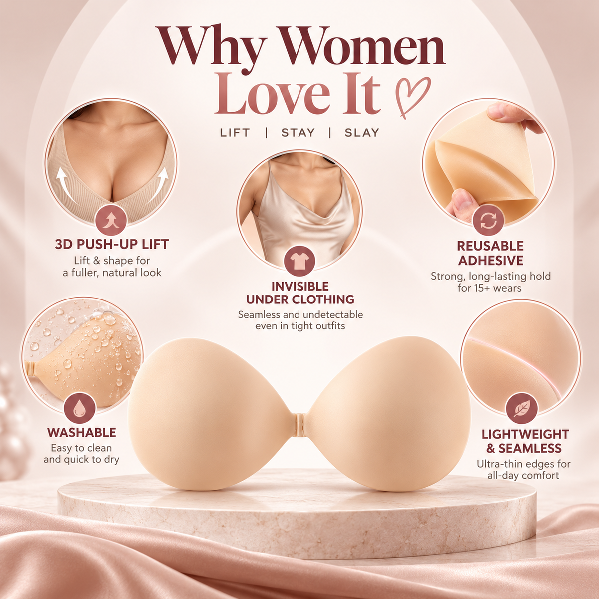 🔥🔥Sticky Bra – VIRAL No.1  🔥🔥 Push-up Sticky Bra, Waterproof & Sweat-proof Invisible Bra, Reusable Silicone Adhesive Bra for Women, Includes Storage Board & Replaceable Pads