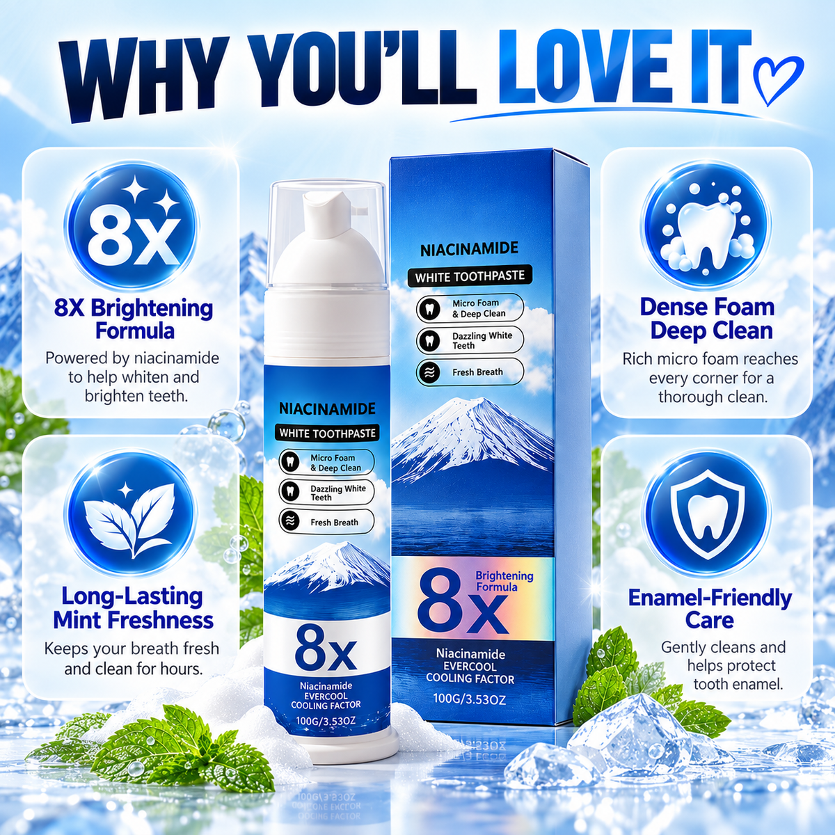 🔥 🔥50% OFF Niacinamide Foaming Whitening Toothpaste 8X - Fresh Breath Stain Removal Gentle Teeth Cleaning 🔥🔥