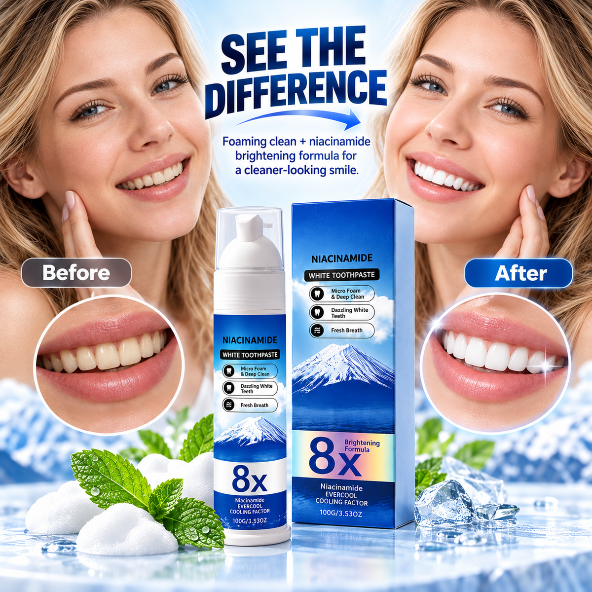 🔥 🔥50% OFF Niacinamide Foaming Whitening Toothpaste 8X - Fresh Breath Stain Removal Gentle Teeth Cleaning 🔥🔥