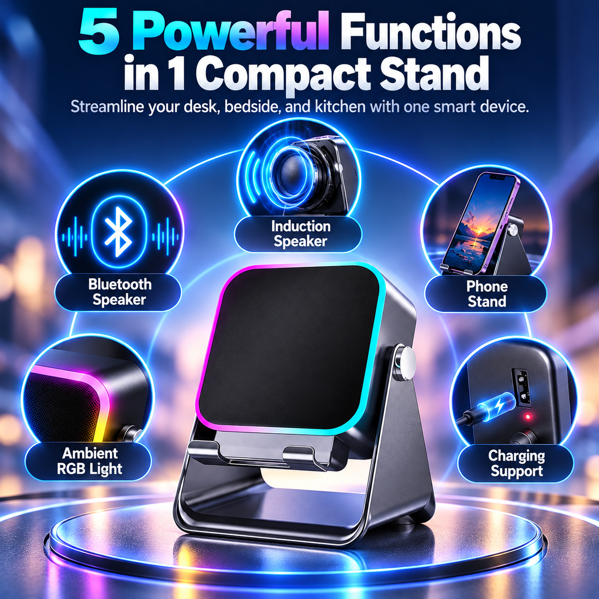💎🔥 50% OFF 5-IN-1 WIRELESS SPEAKER STAND! 💎 Induction Audio, Phone Holder & Ambient Light🔥🔥