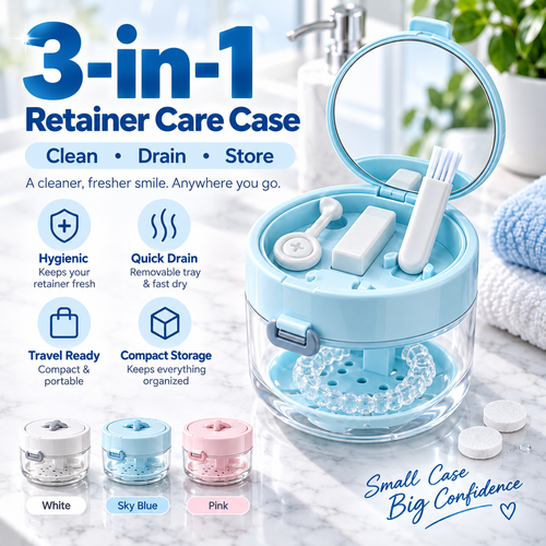 ✨ Travel Care Deal – Retainer Cleaning Case 🦷 Soak, Store & Rinse Container with Mirror & Brush for On-the-Go Use 💼