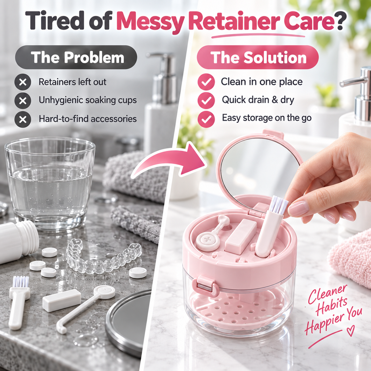✨ Travel Care Deal – Retainer Cleaning Case 🦷 Soak, Store & Rinse Container with Mirror & Brush for On-the-Go Use 💼