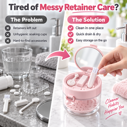 ✨ Travel Care Deal – Retainer Cleaning Case 🦷 Soak, Store & Rinse Container with Mirror & Brush for On-the-Go Use 💼