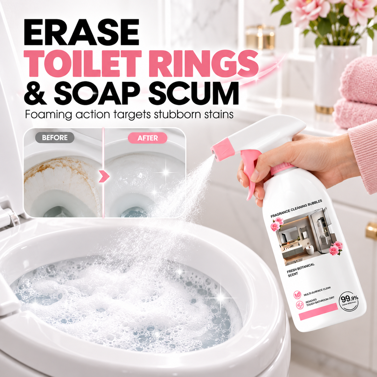 Buy 2 bottle get 2 free Tired of Stubborn Bathroom Grime? Rose Scent Bathroom Foam Cleaner Spray,Multi-purpose Bathroom Cleaner for Tub & Sink