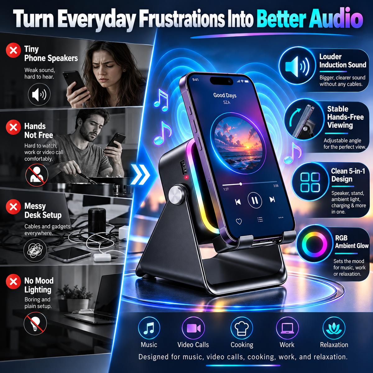 💎🔥 50% OFF 5-IN-1 WIRELESS SPEAKER STAND! 💎 Induction Audio, Phone Holder & Ambient Light🔥🔥