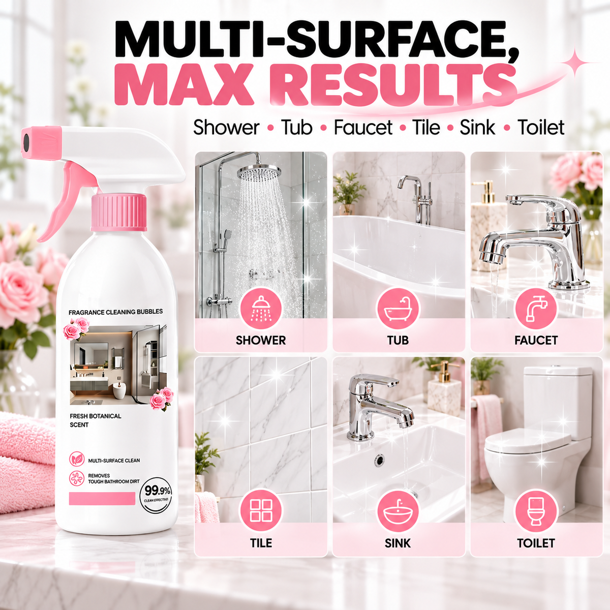 Buy 2 bottle get 2 free Tired of Stubborn Bathroom Grime? Rose Scent Bathroom Foam Cleaner Spray,Multi-purpose Bathroom Cleaner for Tub & Sink