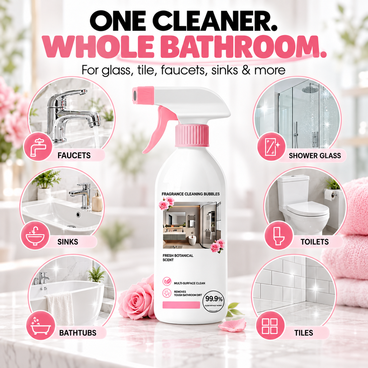 Buy 2 bottle get 2 free Tired of Stubborn Bathroom Grime? Rose Scent Bathroom Foam Cleaner Spray,Multi-purpose Bathroom Cleaner for Tub & Sink