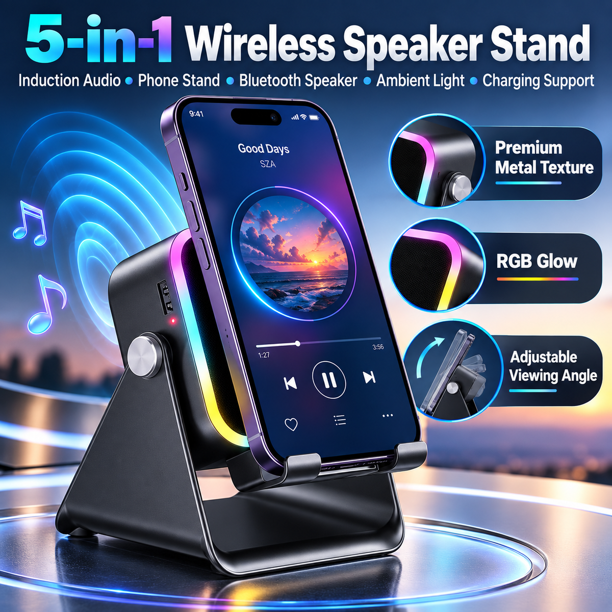 💎🔥 50% OFF 5-IN-1 WIRELESS SPEAKER STAND! 💎 Induction Audio, Phone Holder & Ambient Light🔥🔥
