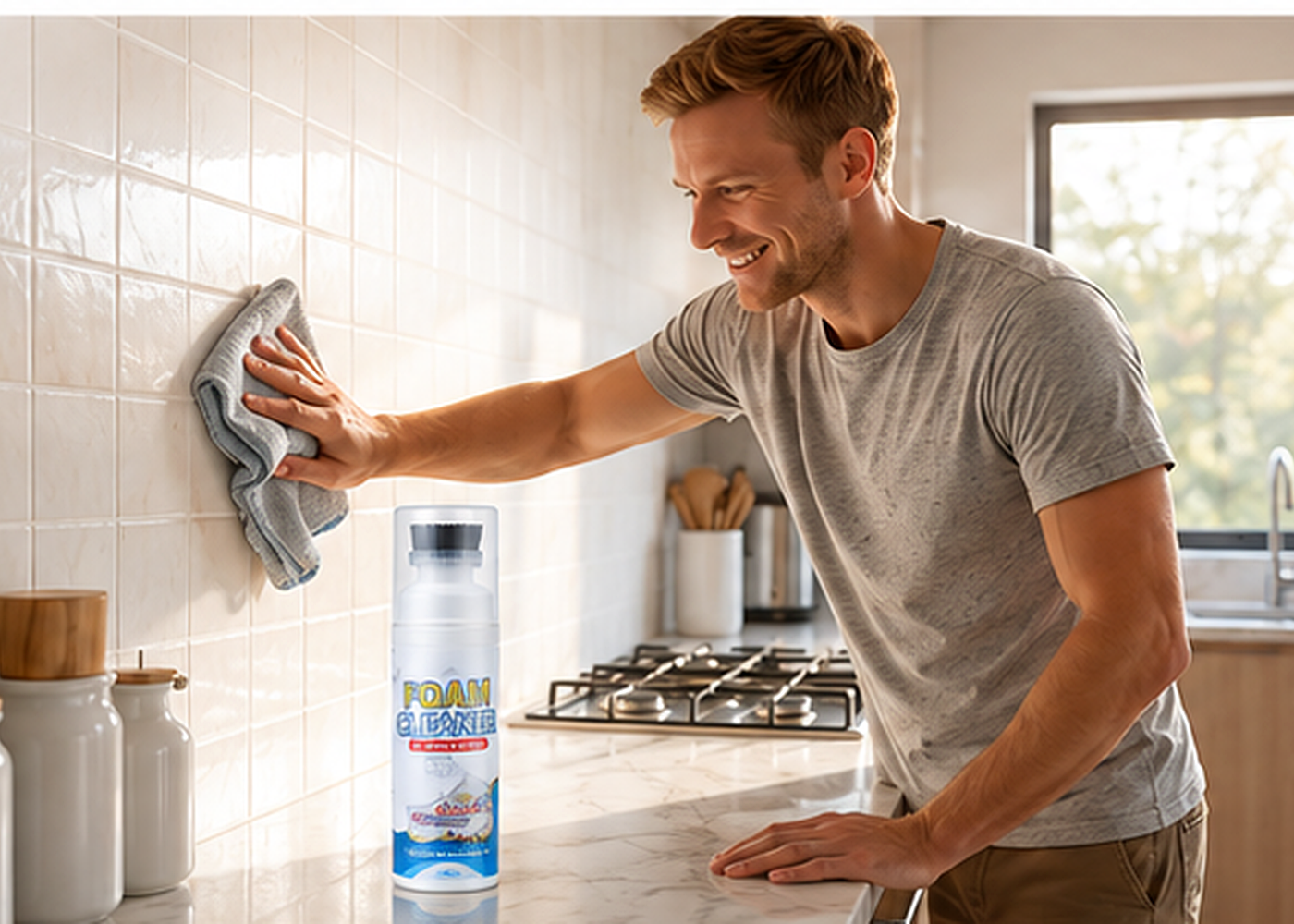 Using foam cleaner on household surfaces