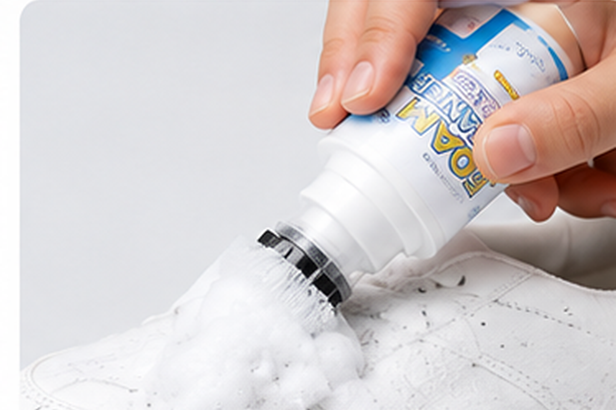 Scrub white sneaker gently with built-in brush