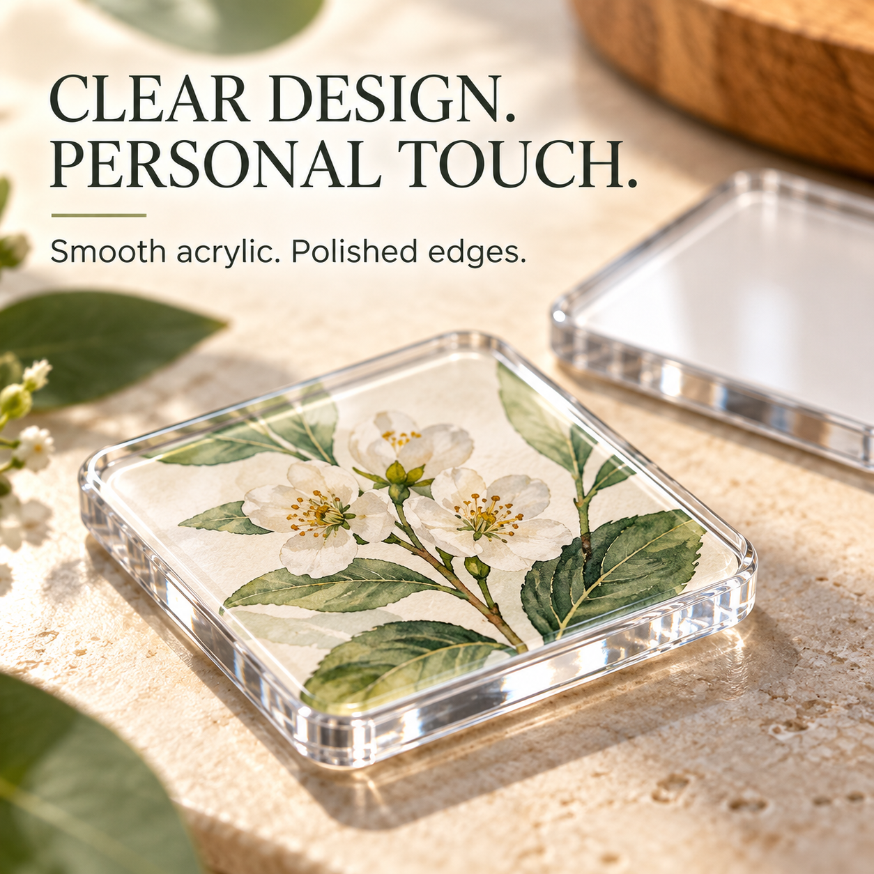 Close view of a floral print inside a clear acrylic frame