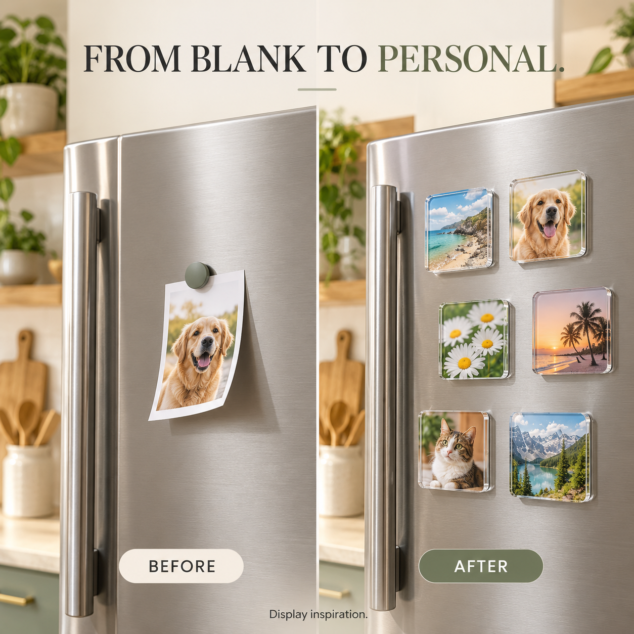 Before: a refrigerator with a single loose photo