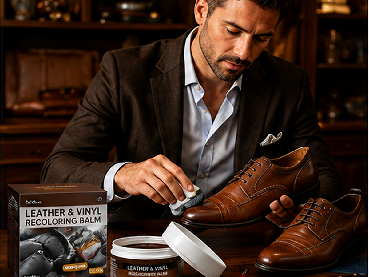 Restoring brown leather shoes with recoloring balm